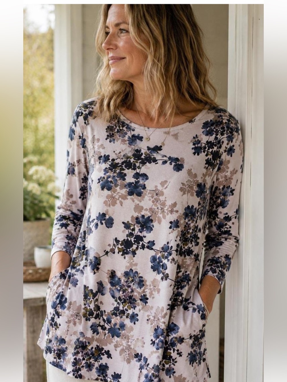 Pure Jill Mp Women's cream Floral Long-Sleeve velour Tunic pocket Top
